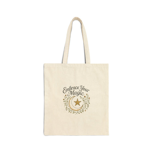 Embrace Your Magic tote bag | crescent moon star botanical design
